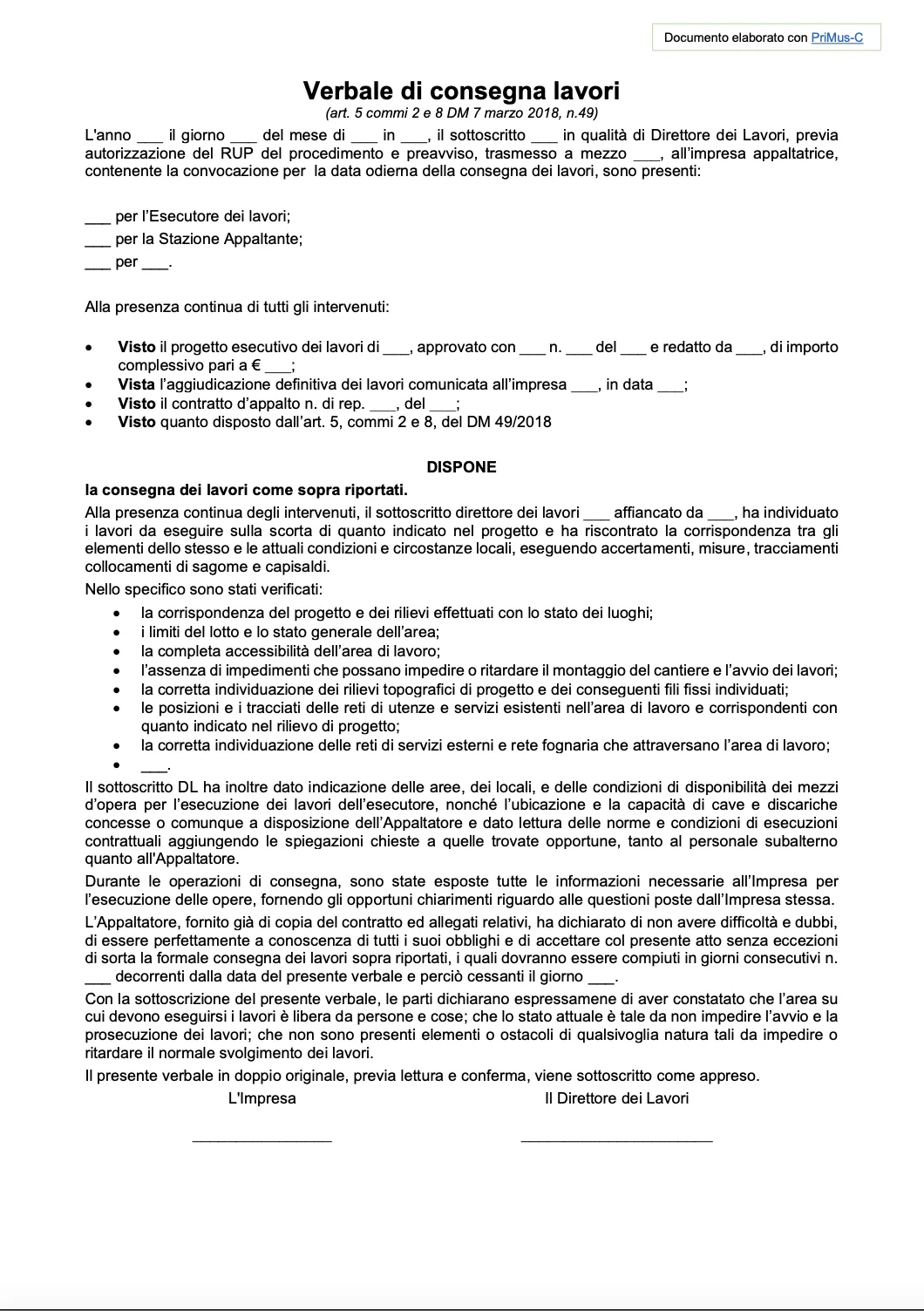 Esempio verbale consegna lavori acca software primus