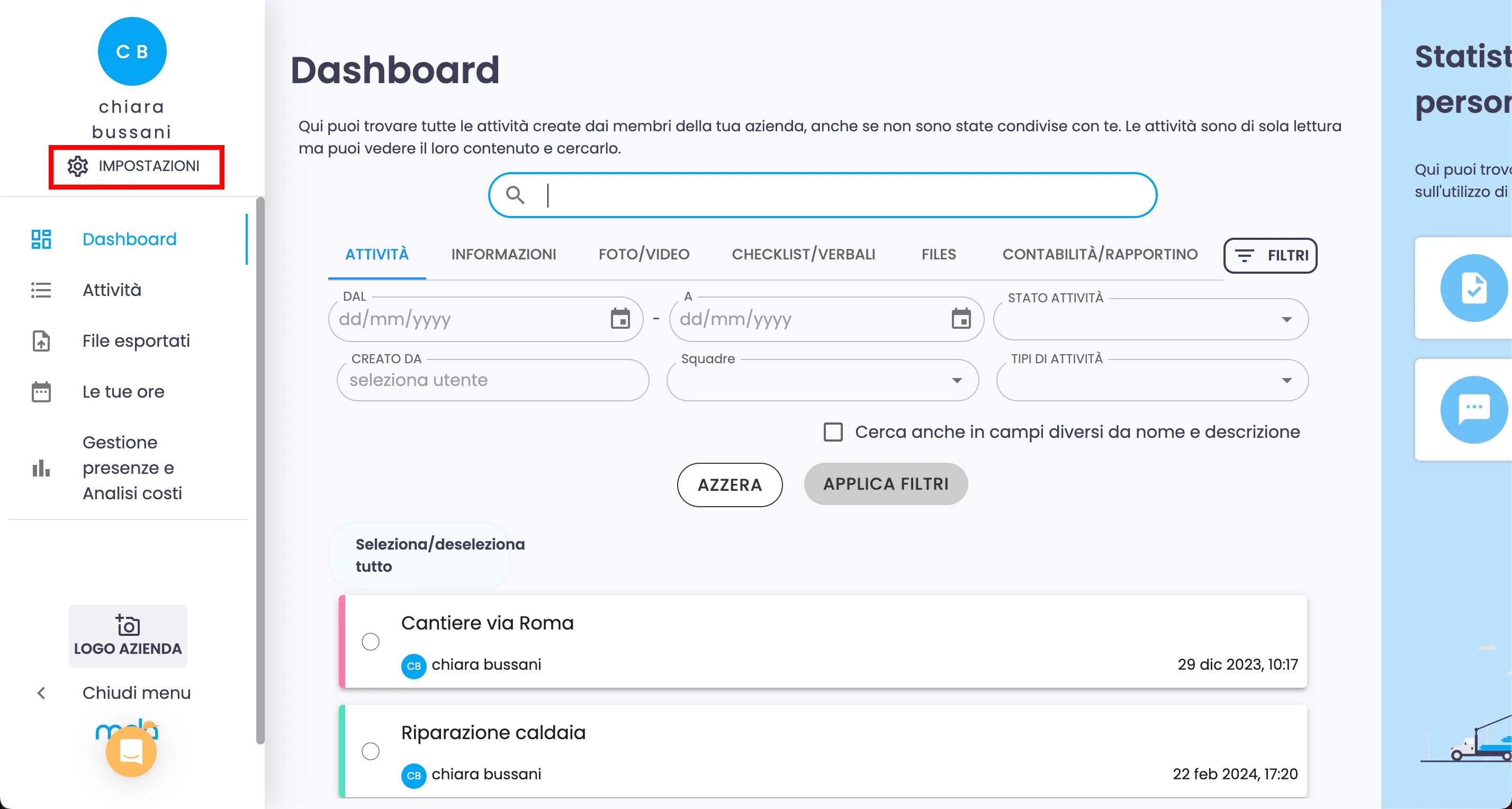 DASHBOARD MELA PER RACCOLTA DATI APE