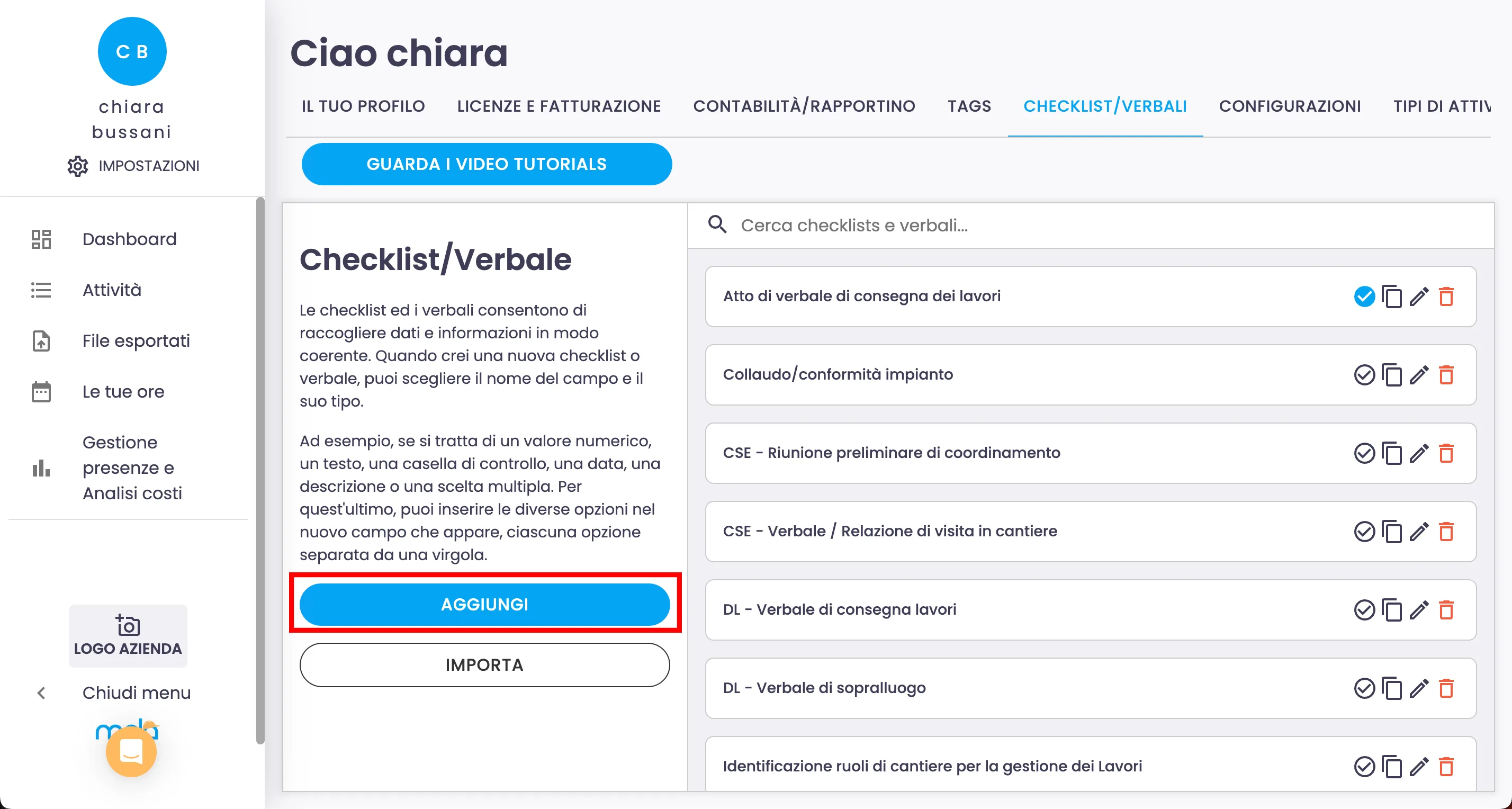 AGGIUNGI CHECKLIST PER RACCOLTA DATI APE